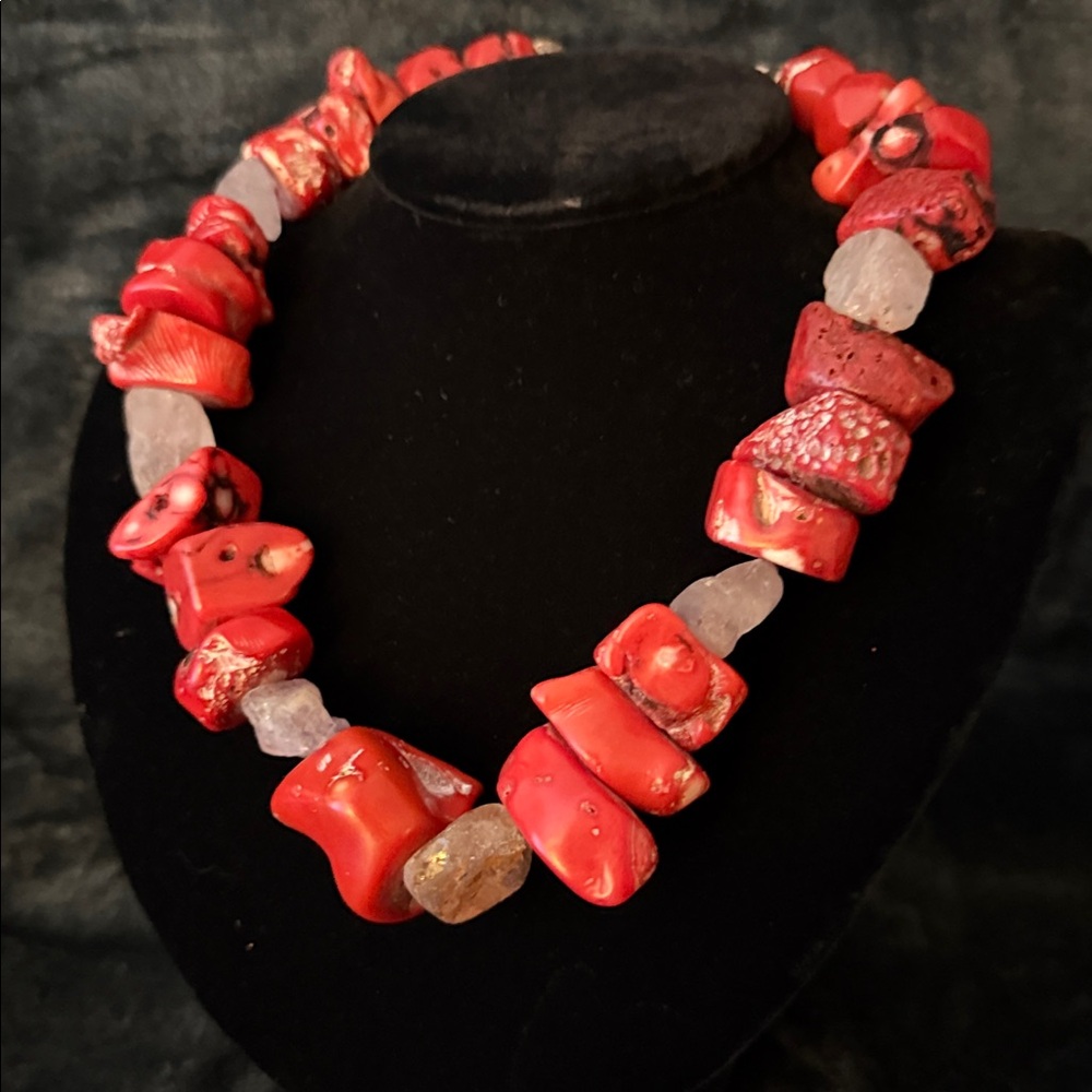 Chunky bold statement, big genuine Red coral and tumbled crystal Necklace